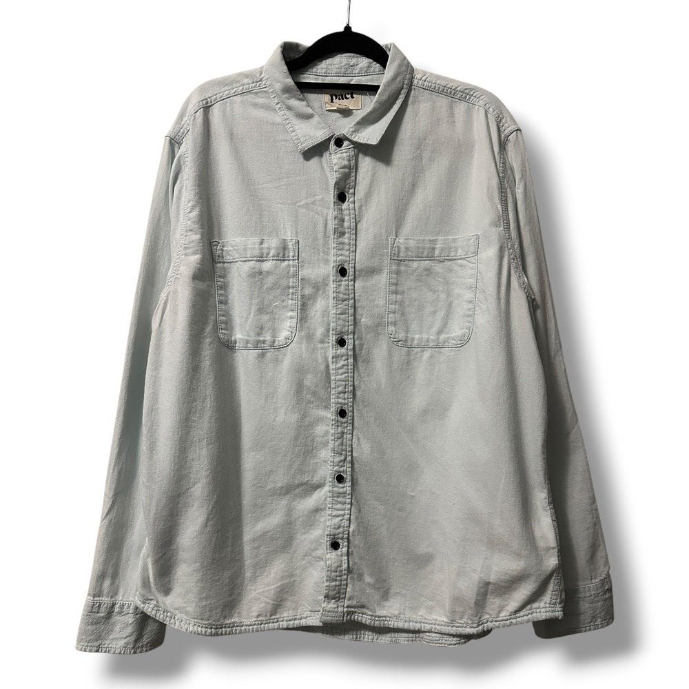 Pact Men's Chambray Organic Cotton Button Down Shirt Light Blue Long Sleeve XL